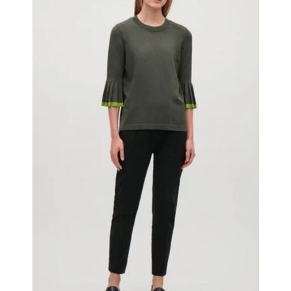 Cos Knitted Sweater Top Womens Medium Olive Green Pleated Sleeves Minimalist - Picture 2 of 11